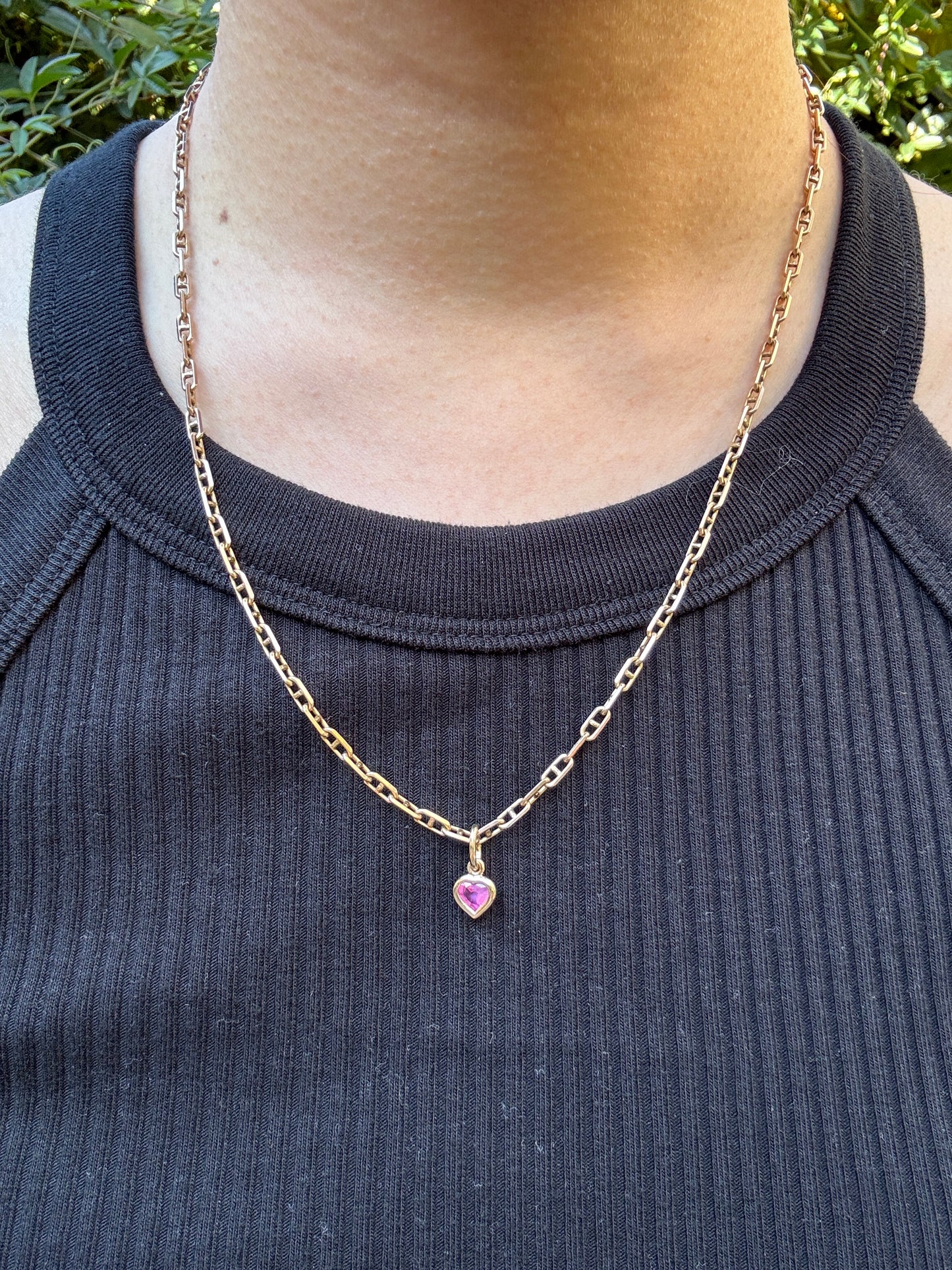 Custom 9ct yellow gold 0.56ct pink sapphire heart bezel set pendant