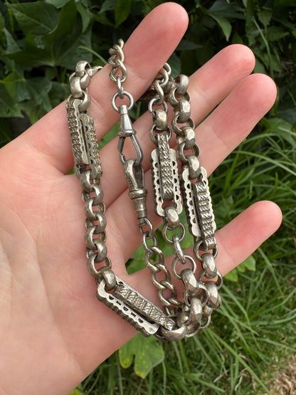 Antique albo silver fancy link chain with dog clips, 42cm / 16.54 inches long