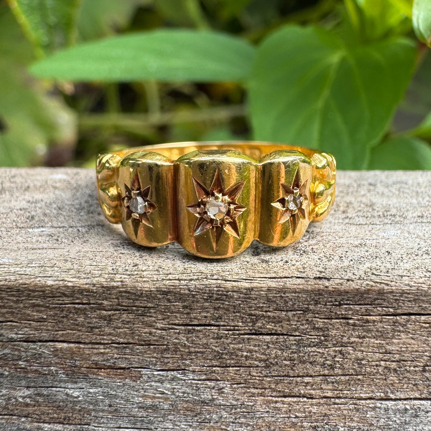 Antique Edwardian English 18ct gold rose cut diamond gypsy ring