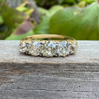 Antique 18ct gold old mine cut diamond five stone ring
