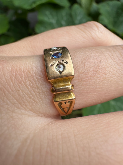 Antique Australian 15ct rosy yellow gold natural sapphire and old single cut diamond gypsy ring