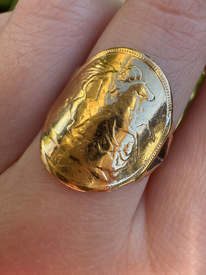 Antique 22ct yellow gold half sovereign ring on vintage 9ct yellow gold band