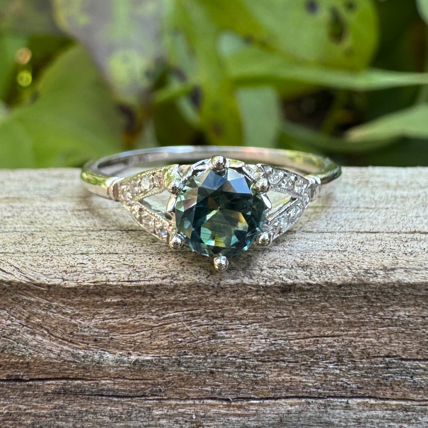Antique platinum natural Australian parti sapphire and diamond ring