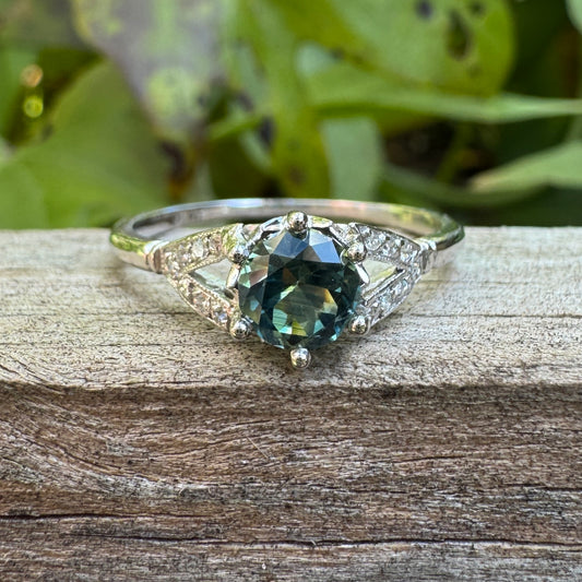 Antique platinum natural Australian parti sapphire and diamond ring