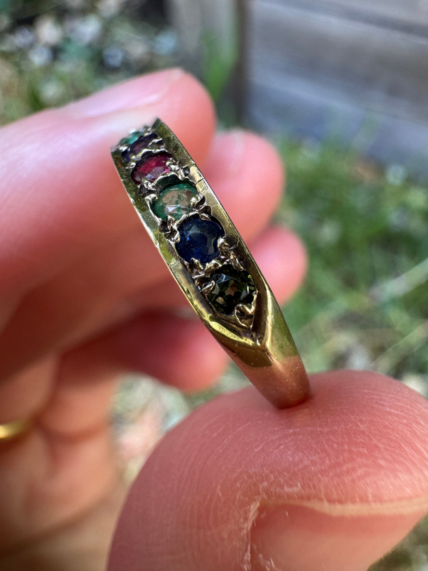 Vintage English Victorian Revival 9ct yellow gold DEAREST acrostic ring