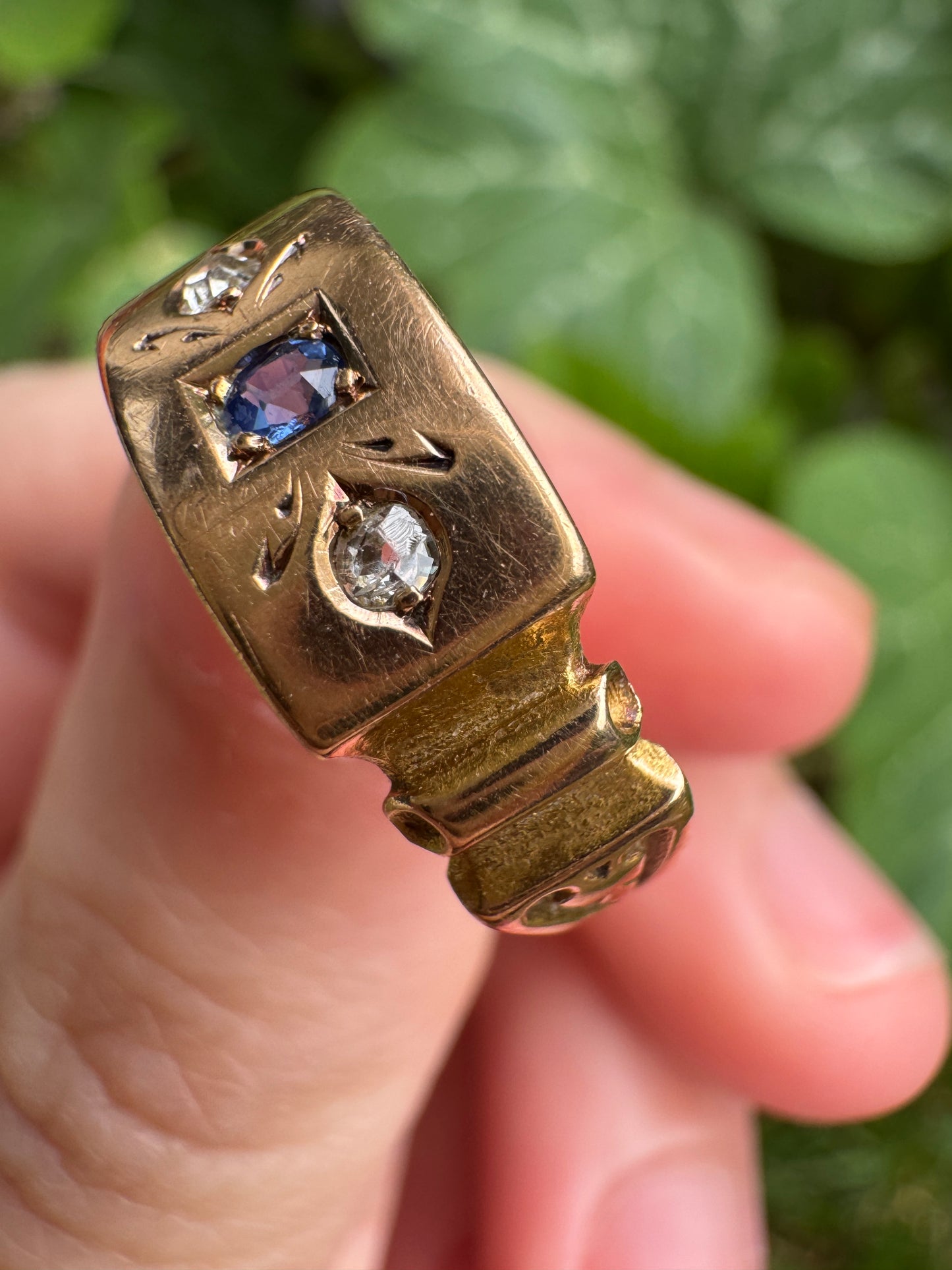 Antique Australian 15ct rosy yellow gold natural sapphire and old single cut diamond gypsy ring