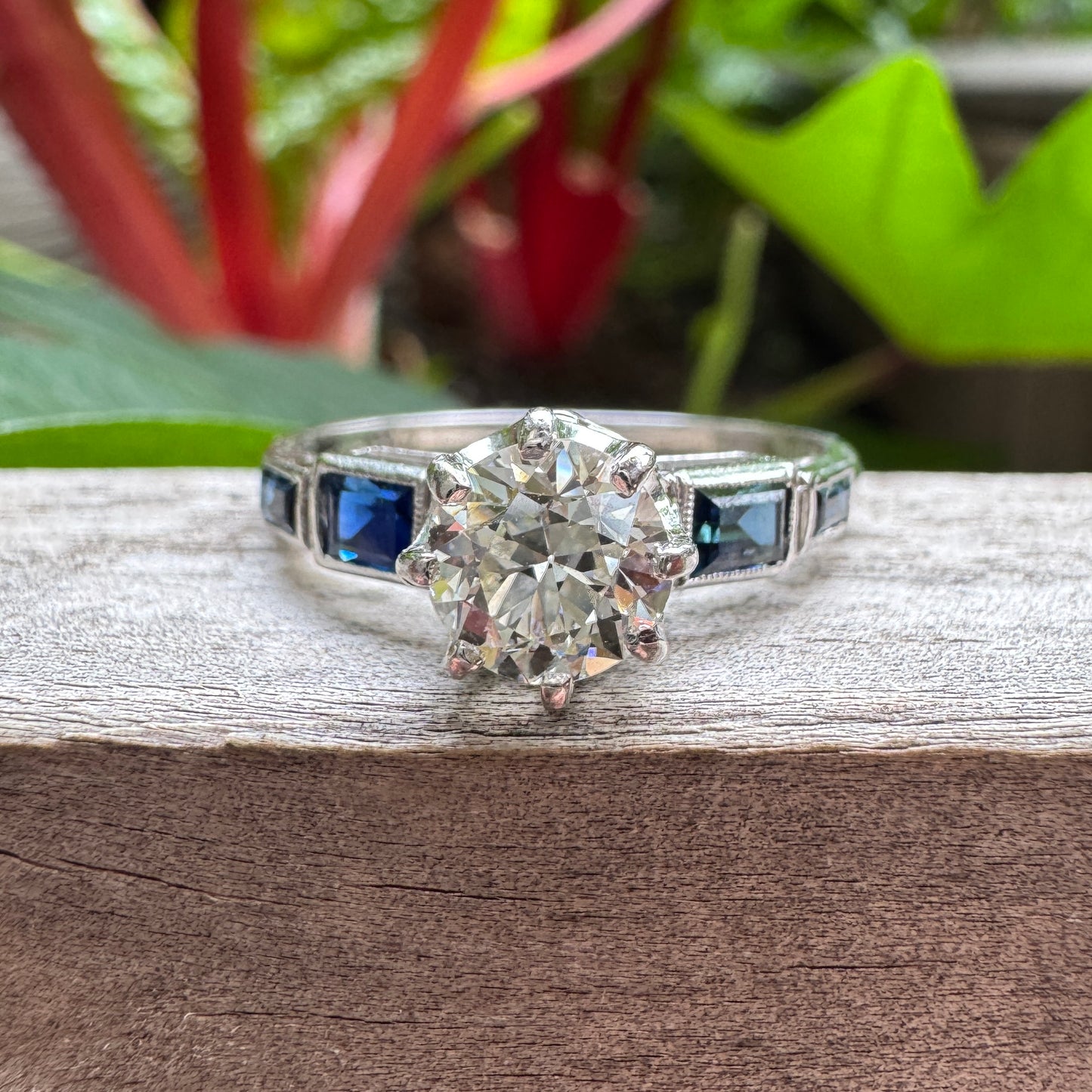 Antique 18ct white gold 0.87ct old European cut diamond and 0.5ct TCW baguette cut natural sapphire ring
