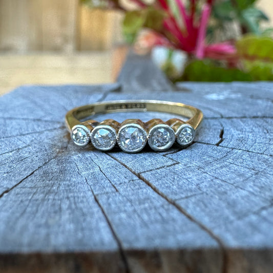 Vintage 18ct yellow gold and platinum 0.22ct TCW five stone bezel set old European cut diamond ring