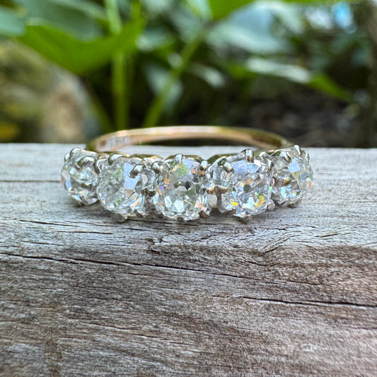 Antique 18ct yellow gold five stone 1.29ct TCW old mine cut diamond ring