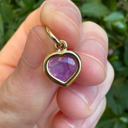 Custom handmade 9ct yellow gold 1.1ct pink sapphire heart bezel set pendant