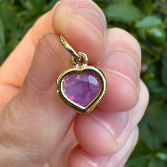 Custom handmade 9ct yellow gold 1.1ct pink sapphire heart bezel set pendant