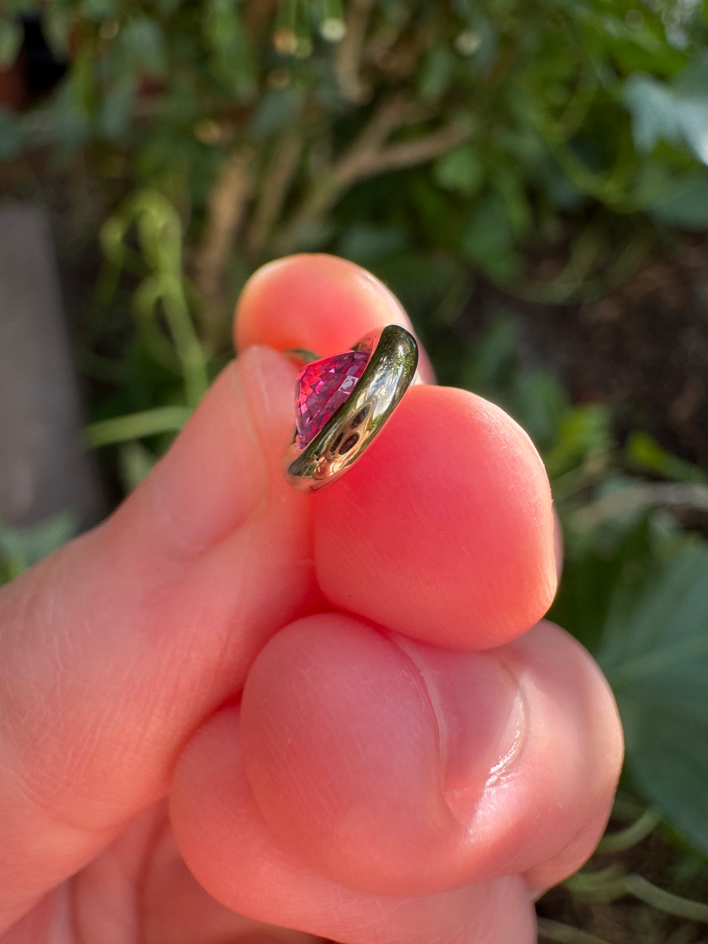 Custom handmade recycled 9ct yellow gold 0.93ct natural pink sapphire bezel set pendant