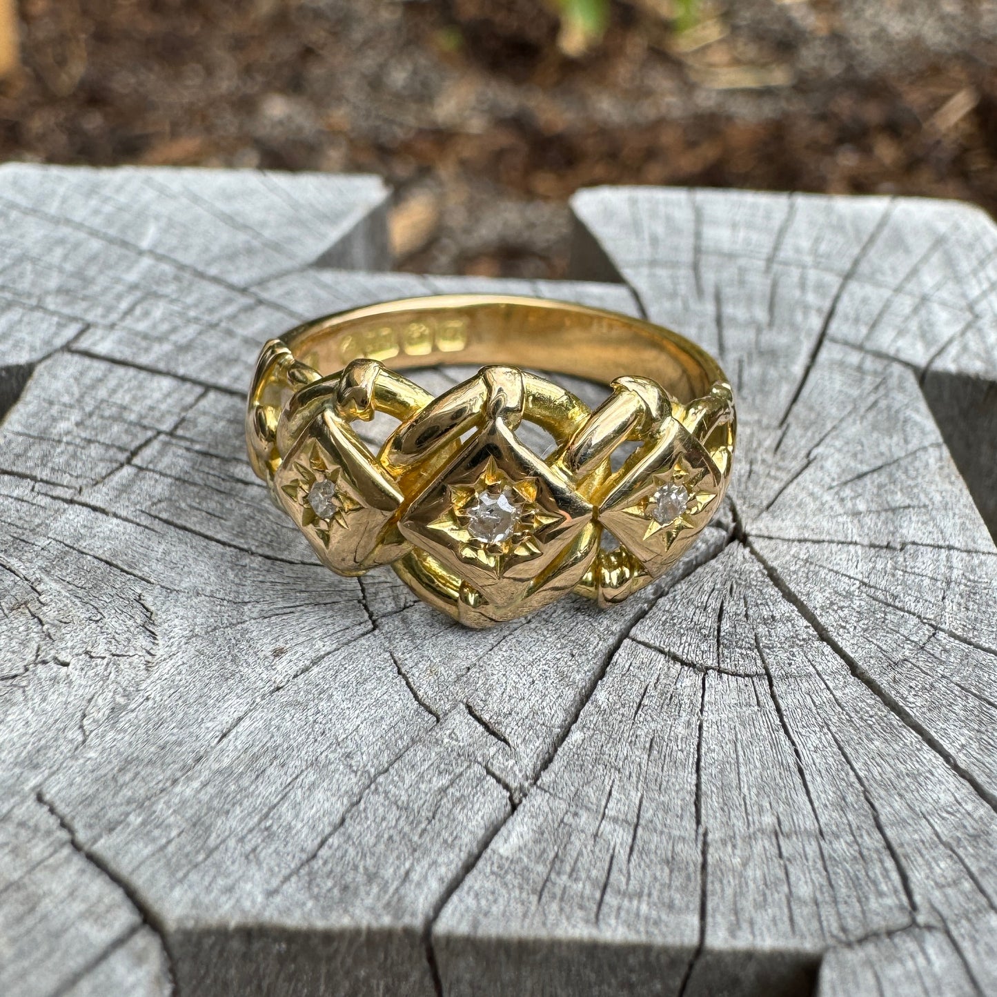 Antique 18ct yellow gold old cut diamond starset knot ring