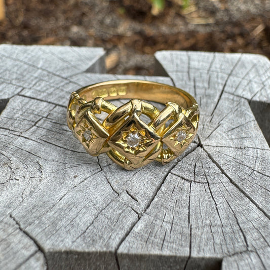 Antique 18ct yellow gold old cut diamond starset knot ring