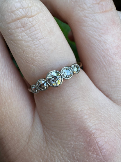 Antique 18ct yellow gold five stone 0.5ct TCW old mine cut diamond bezel set ring
