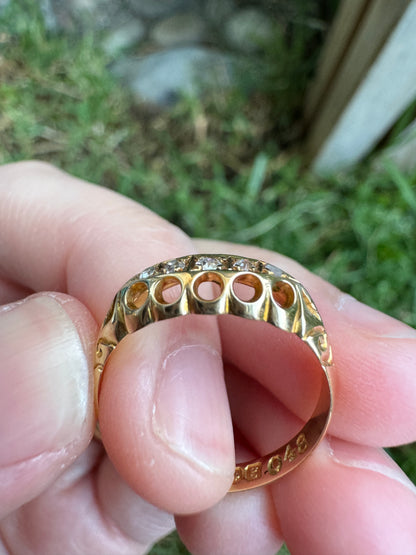 Antique 18ct yellow gold five stone 0.15ct TCW old cut diamond boat ring
