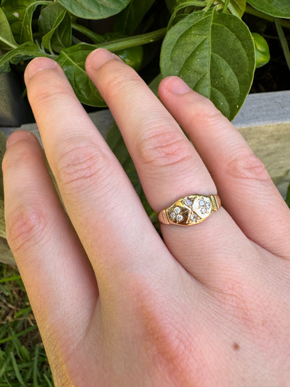Antique 15ct yellow gold eight stone old cut and rose cut diamond gypsy ring