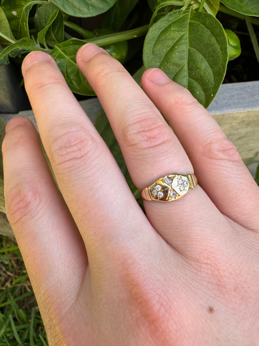 Antique 15ct yellow gold eight stone old cut and rose cut diamond gypsy ring