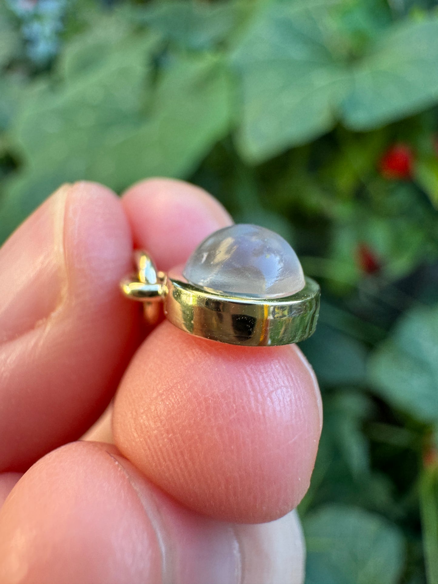 Custom handmade recycled 9ct yellow gold 1.31ct moonstone cabochon bezel set pendant