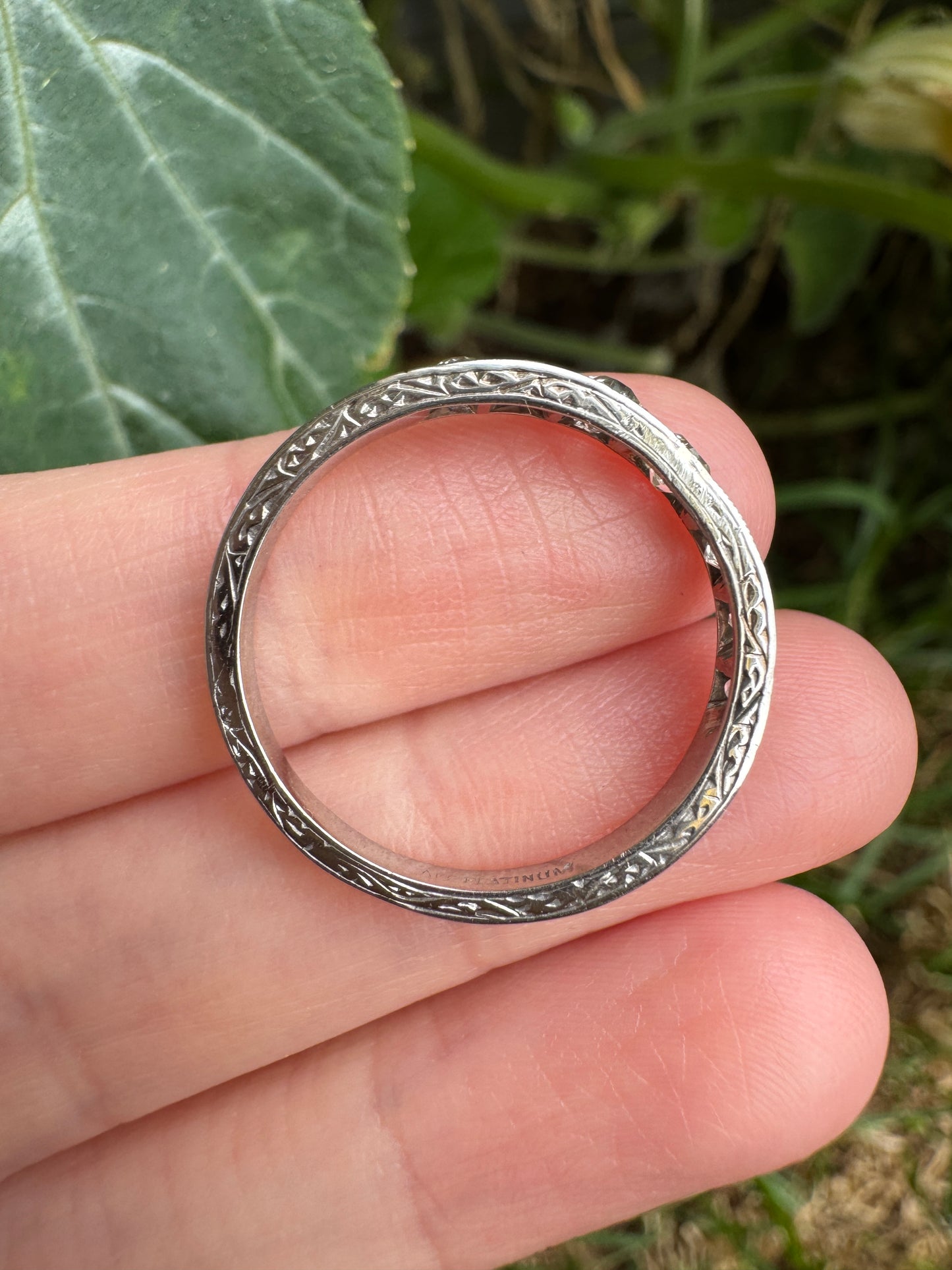 Vintage platinum 0.7ct TCW old mine cut diamond engraved half eternity ring