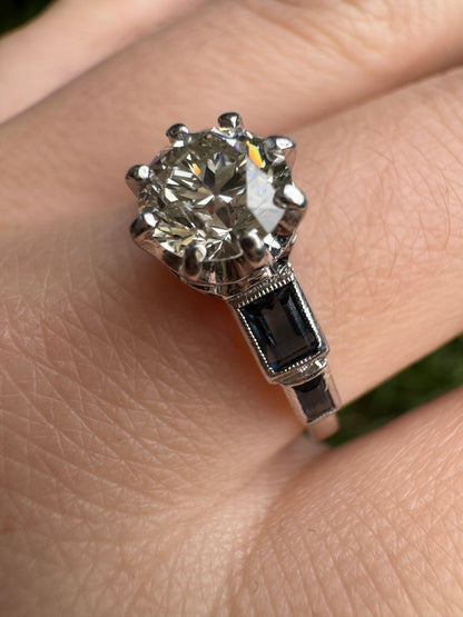 Antique 18ct white gold 0.87ct old European cut diamond and 0.5ct TCW baguette cut natural sapphire ring