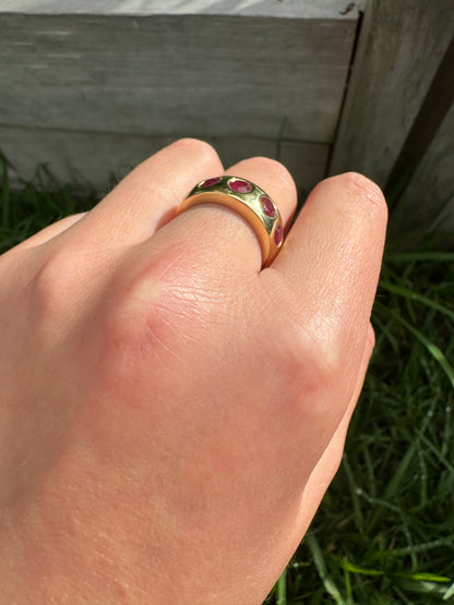 Custom 18ct yellow gold five stone ruby gypsy ring