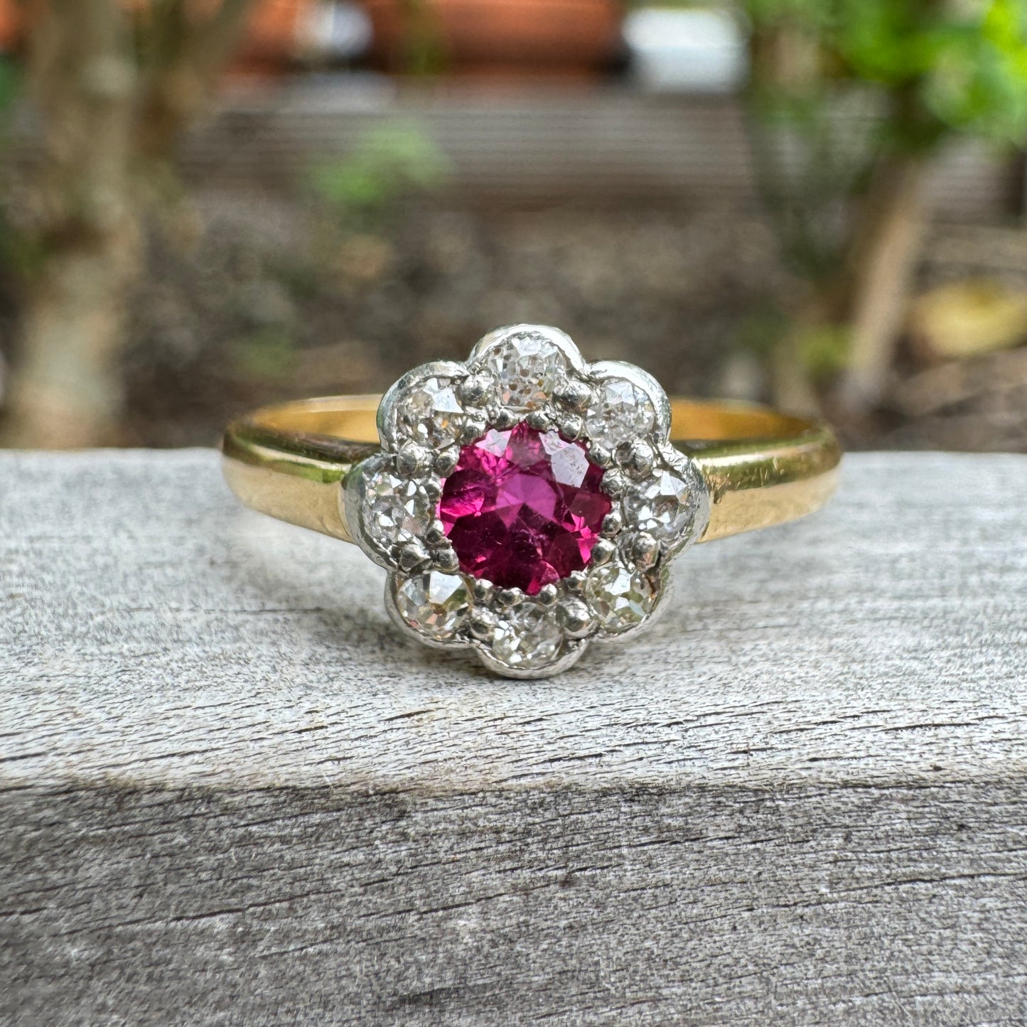 Vintage 18ct yellow gold 0.24ct natural ruby and 0.17ct TCW old single cut diamond daisy cluster ring