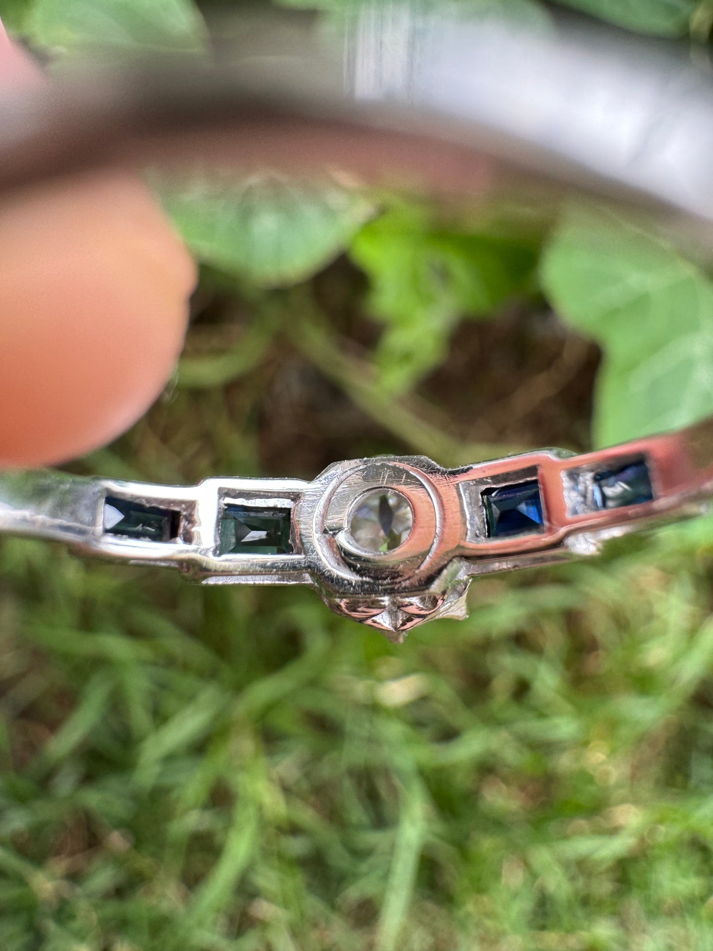 Antique 18ct white gold 0.87ct old European cut diamond and 0.5ct TCW baguette cut natural sapphire ring