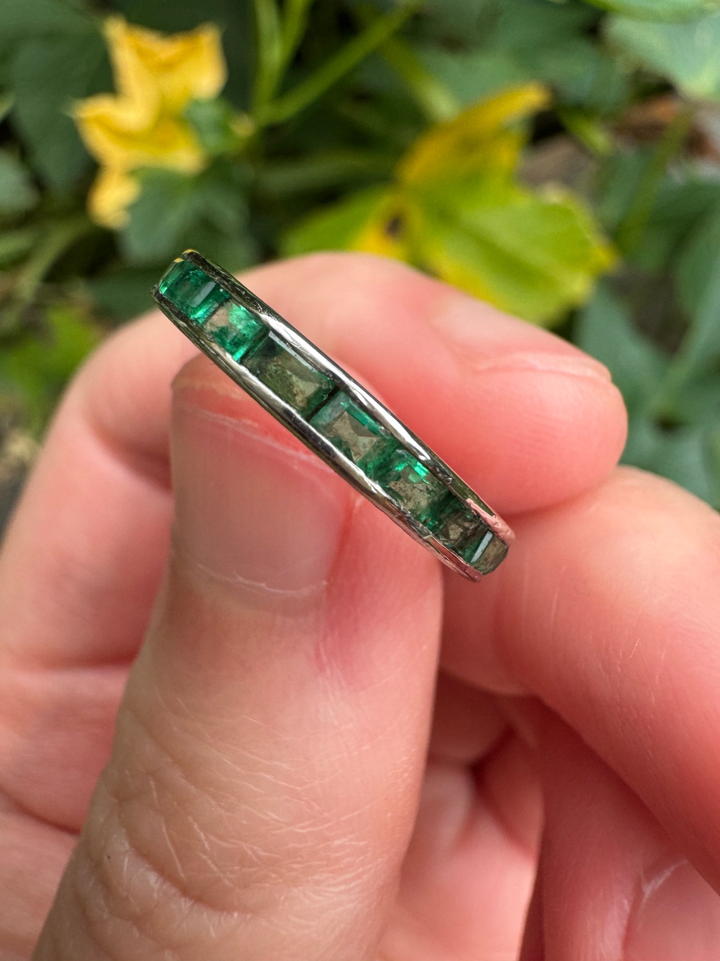 Antique platinum 1.02ct TCW natural emerald engraved eternity ring