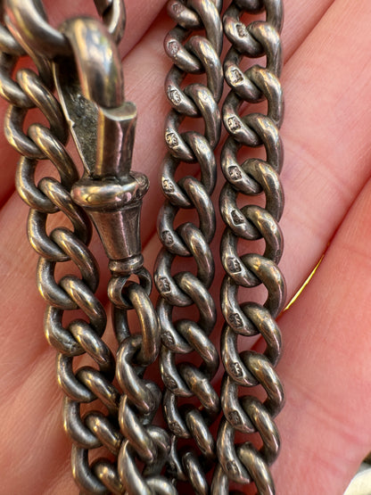 Antique sterling silver watch chain with two dog clips and t-bar, 35cm / 13.8 inches long