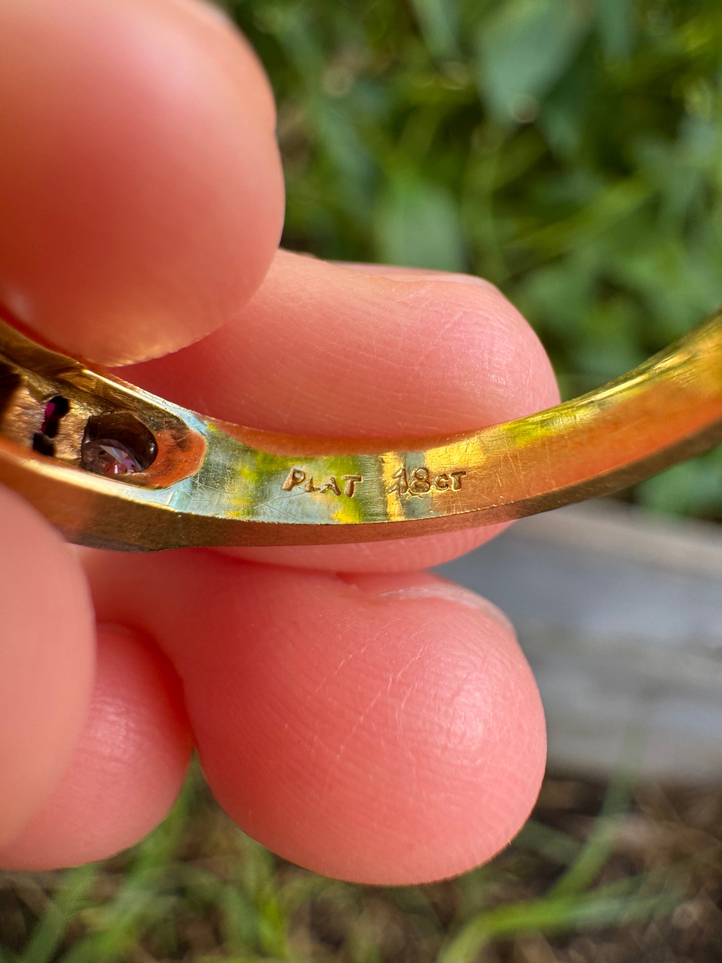 Antique 18ct yellow gold and platinum seven stone 0.73ct old cut diamond ring with 24 accent calibre cut rubies