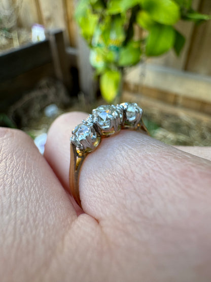 Vintage 18ct yellow gold and platinum 1.2ct TCW three stone old mine cut diamond ring