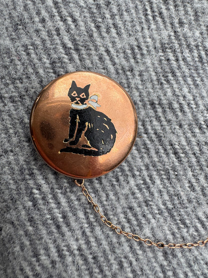 Antique 9ct rose gold enamel cat brooch with safety chain