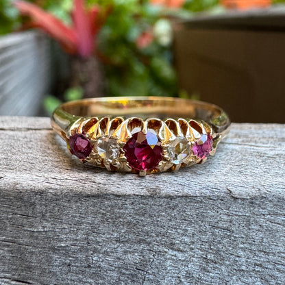 Antique Australian Wendt 18ct yellow gold five stone 0.33ct TCW natural old cut ruby and rose cut diamond ring