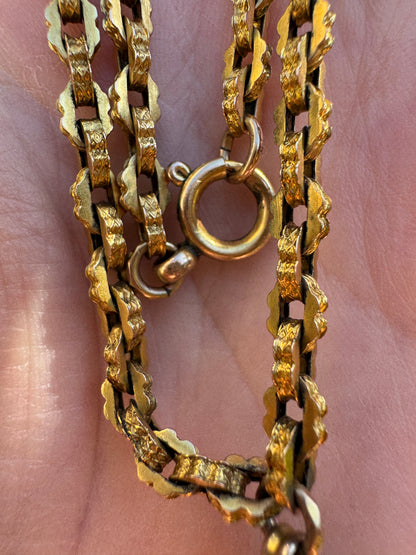 Antique 9ct gold book chain necklace with tassel, 43.5cm / 17.13 inches long