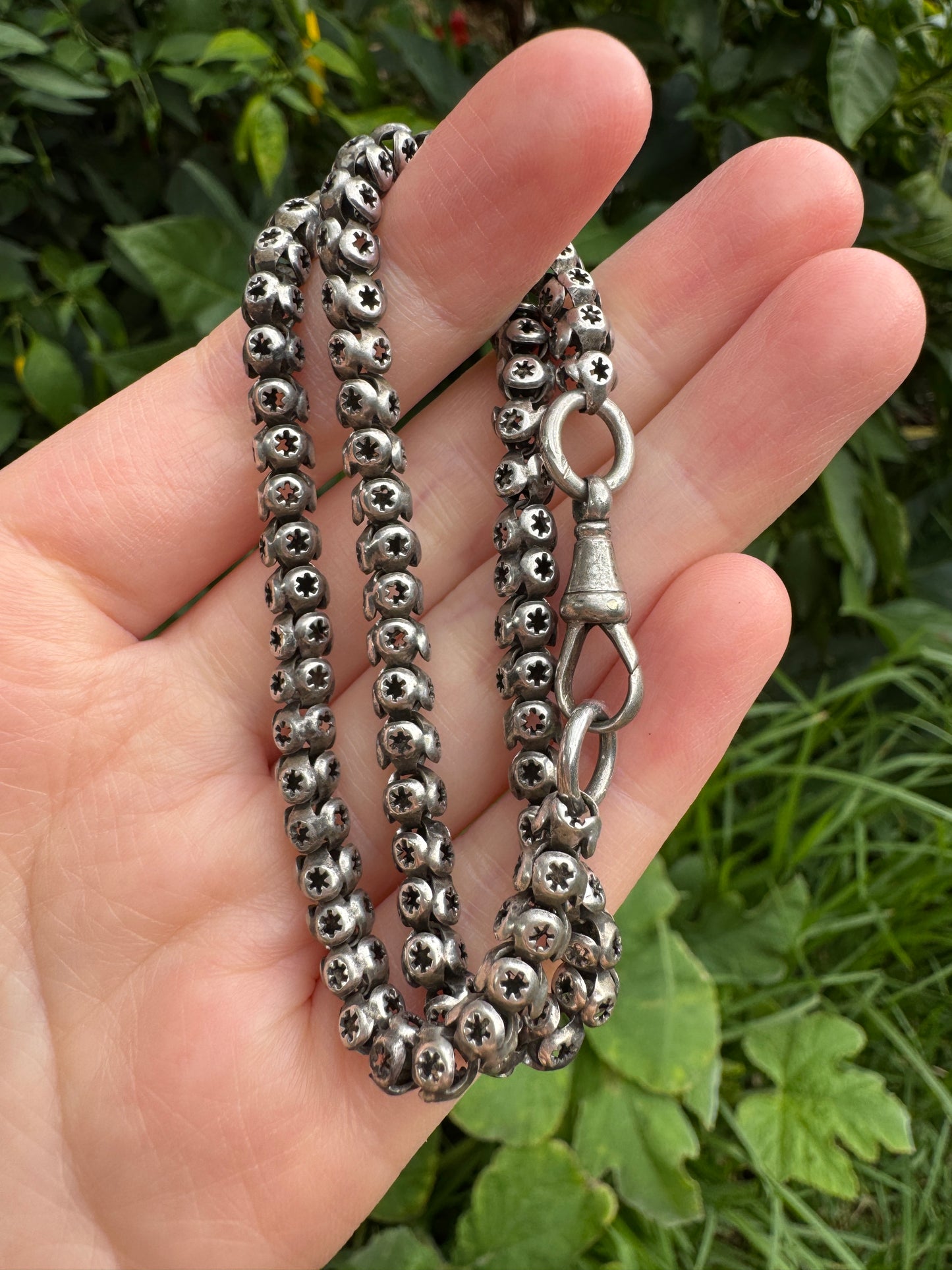 Antique sterling silver star pierced chain with dog clip, 33cm / 12.99 inches long
