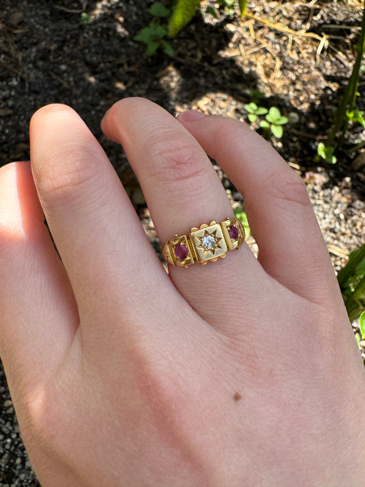 Vintage 18ct yellow gold 0.12ct old mine cut diamond and 0.25ct TCW natural pink sapphire starset gypsy ring