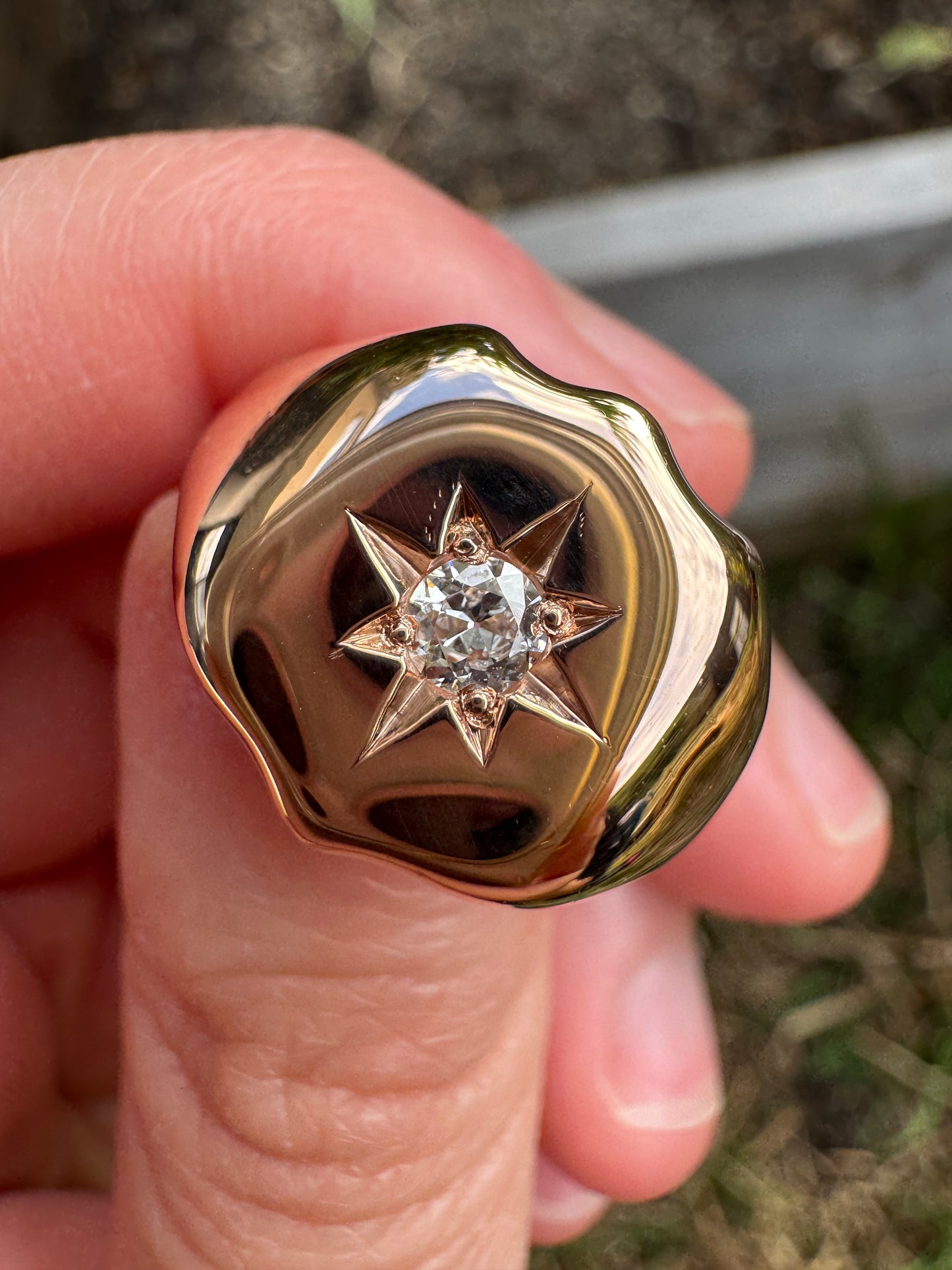 Antique English 9ct rosy yellow gold 0.15ct old European cut diamond starset shield signet ring