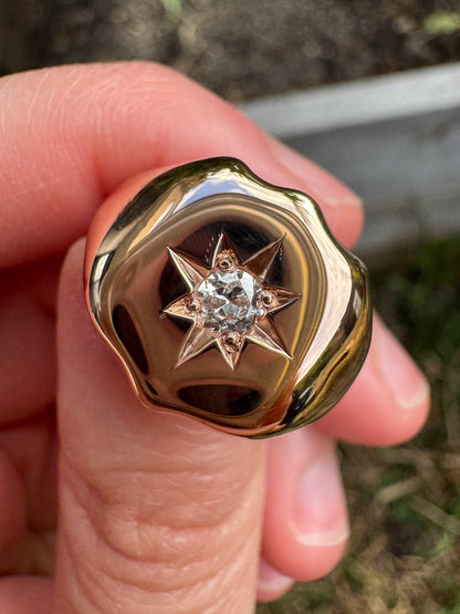 Antique English 9ct rosy yellow gold 0.15ct old European cut diamond starset shield signet ring