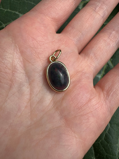 Custom handmade recycled 9ct yellow gold 3.01ct dark opal cabochon bezel set pendant