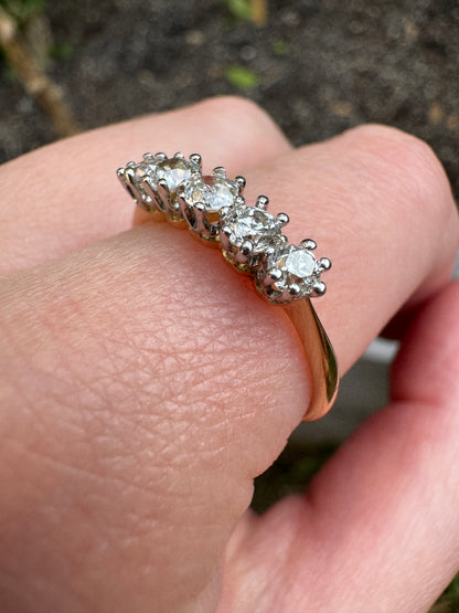 Vintage 18ct yellow and white gold five stone 0.6ct TCW old mine and old European cut diamond ring