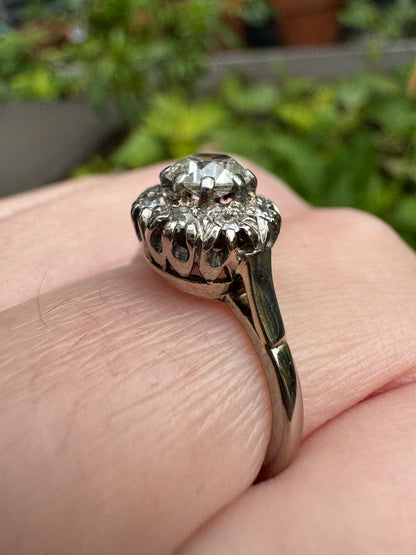 Vintage 18ct white gold 0.75ct TCW old mine cut diamond cluster ring
