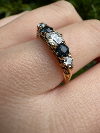 Antique Edwardian English 18ct yellow gold five stone 0.45ct TCW old European cut diamond and 0.42ct TCW sapphire ring