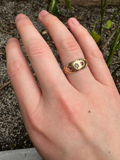 Vintage 18ct yellow gold rose cut diamond and old cut ruby starset gypsy ring