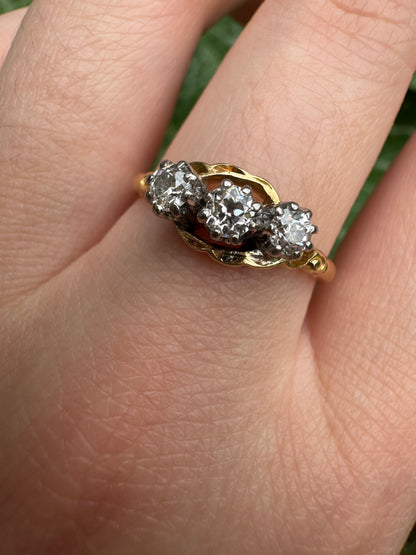 Vintage 18ct yellow gold three stone 0.5ct TCW old European cut diamond crossover ring