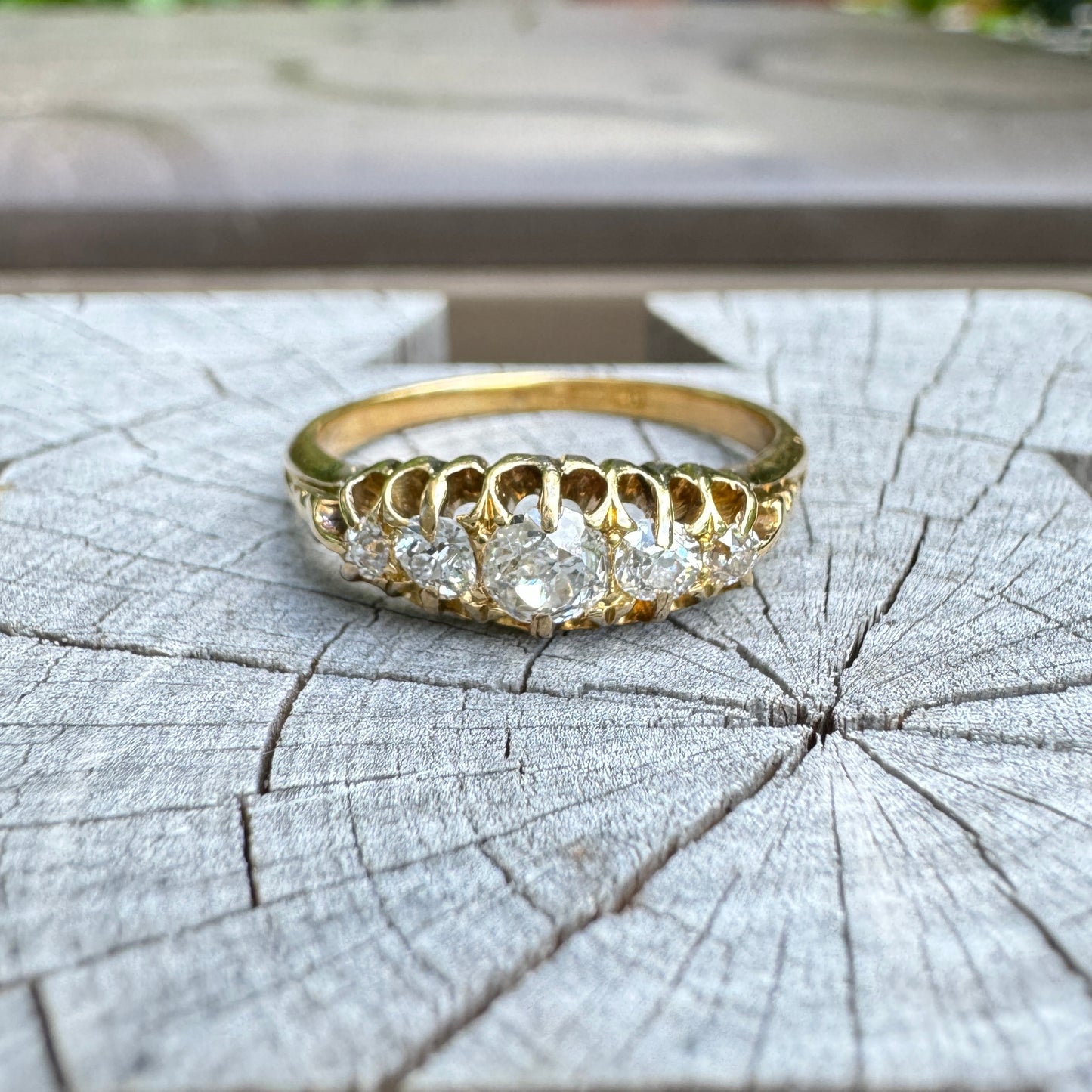 Vintage 18ct yellow gold five stone 0.44ct TCW old mine cut diamond boat ring