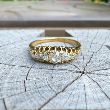 Vintage 18ct yellow gold five stone 0.44ct TCW old mine cut diamond boat ring