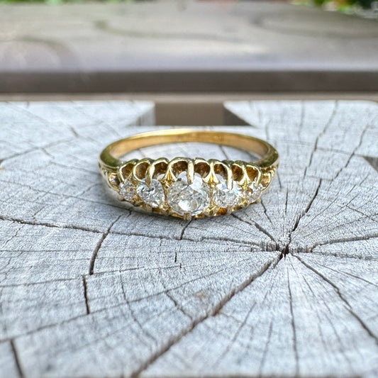 Vintage 18ct yellow gold five stone 0.44ct TCW old mine cut diamond boat ring
