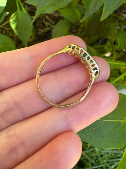 Vintage 18ct yellow gold five stone 0.33ct TCW natural emerald and 0.25ct TCW old mine cut diamond ring
