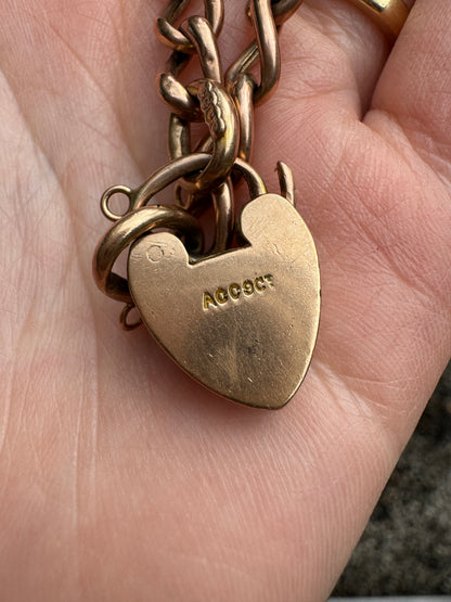 Antique 9ct rosy yellow gold heart padlock bracelet, 18cm / 7.1 inches long